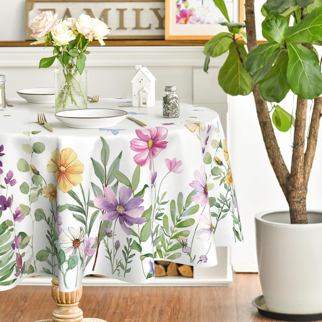 Horaldaily Spring Tablecloth 7070 Inch Round, Wildflowers Floral Butterfly Washable Table Cover for Party Picnic Dinner Decor (White)