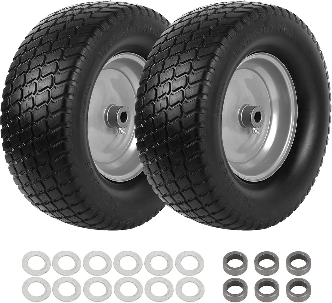AR-PRO (2-Pack) 16x6.50-8 Tire and Wheel Flat Free, Solid Lawn Mower Tire with Rim, with 3"-5" Centered Hub and 3/4" Bushings, 16x6.5-8 Tractor Turf Tire Fit for Riding Mower and Graden Tractor (Silver)