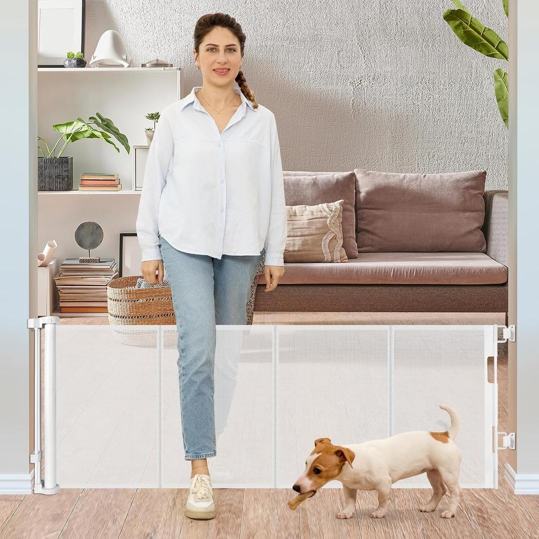 24 Inches Tall Retractable Dog Gate for The House, Short Baby Gates to Step Over, Extends up to 55" Wide, Reinforced Mesh Puppy Gate for Doorways, Step Over Pet Gate for Stairs, Indoor/Outdoor (White)
