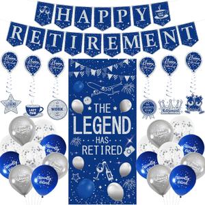 Roetyce Retirement Party Decorations for Men Women, Blue Silver Happy Retirement Banner Balloons Hanging Swirls Kit, Lengend Has Retired Backdrop for Coworker, Office Retirement Party Supplies