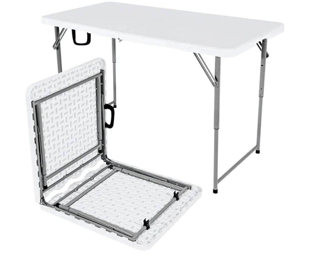 48" W x 24" D x 29.5" H - 4FT Adjustable Height Heavy Duty Plastic Fold-in-Half Foldable Table White Portable Folding Table with Carrying Handle for Camping & Party