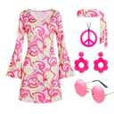 Deerjoke 60s 70s Disco Outfit Hippie Costume Women, 1970 Style Clothes Dress Accessories Jewelry Halloween (Pink, XXLarge)