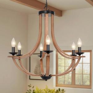 Farmhouse Chandelier, Rustic Wood Pendant Light with Dimmable Chain, Vintage Hanging Lantern for Dining Room Kitchen Island Foyer Living Room Bedroom, 27.6 Inch