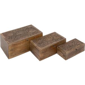 Deco 79 Mango Wood Floral Handmade Decorative Box Decorative Keepsake Boxes with Hinged Lid, Set of 3 Storage Boxes 8", 10", 12"W, Brown