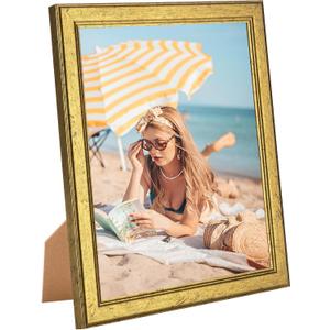 Wood 9x11 Frame Gold, Ornate Natural Wooden 11x9in Picture Frames, Modern Golden 9 x 11inch Gallery Photo Pic Frame with HD Plexiglass, Horizontal Vertical Wall Mounting Tabletop Display 1Pcs