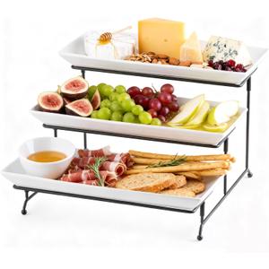 Gomakren 3 Tier Serving Trays Stand 14 Inches Serving Platters Rectangular Large Serving Plates for Party Display Set Collapsible Sturdier Rack, White Serving Trays and Platters (15.7" x 13.5" x 9.2", Black)