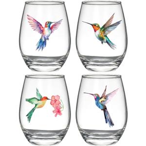Hummingbird Stemless Wine Glasses Set of 4, Hummingbird Lovers Gifts for Women, Bird and Outdoor Lovers, 15oz Wine Glasses Gifts for Women, Floral Garden Lovers, Forest Birds Hummingbird Decor
