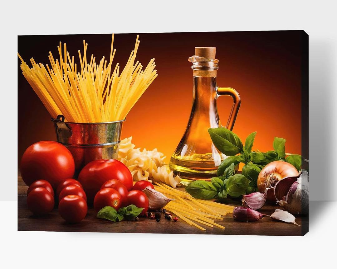 Kitchen Wall Decor Canvas Art, Colorful Ingredient Vegetable and Fruit Canvas Print for Dining Room Decor, Vintage Condiment Picture Kitchen Framed Painting for Restaurant Decor (12x18 Inches) (18L" x 12W")