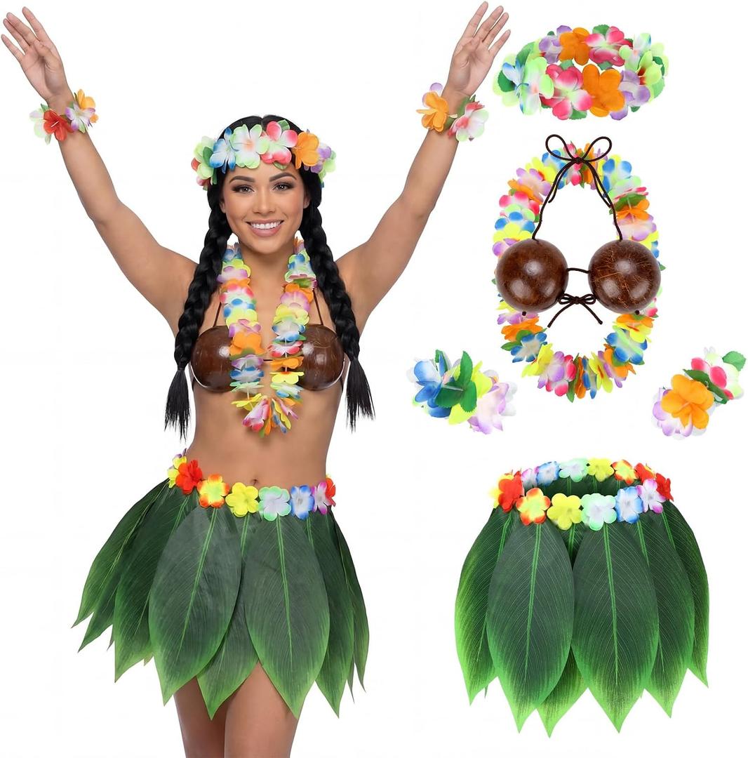 Shihanee Hawaiian Hula Grass Skirt Set Coconut Bra Tropical Leaf Hula Skirt with Artificial Hibiscus Flowers Leis for Women