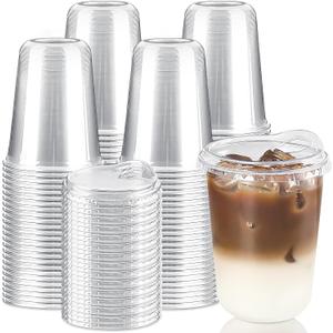16 Oz Round Bottom Clear Plastic Cups with Strawless Sip Lids, 100 Pack Disposable Iced Coffee Cups To Go Cups for Cold Drinks, Smoothie, Juice, Milkshake