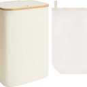 StorageWorks 100L Large Laundry Hamper with Lid, Tall Laundry Basket with Bamboo Handles and 1 Removable Inner Bag, Collapsible Laundry Hamper for Clothing, Towels, Beige, 1-Pack