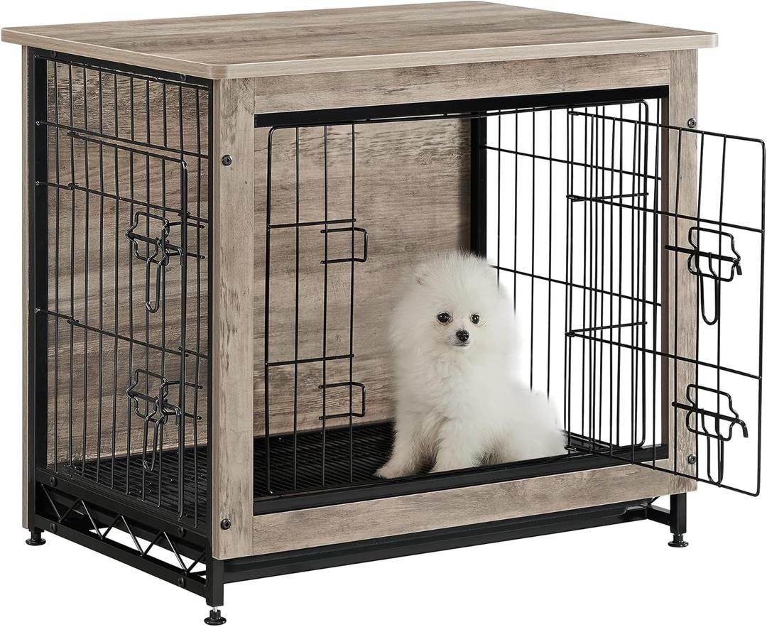Feandrea 27.2" Dog Crate Furniture, Indoor Dog Cage Side End Table, M Pet Wood Kennel for Medium and Small Dogs up to 30 lb with Multi-Purpose Removable Tray, Double-Door Pet House, Greige