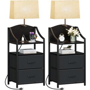Evermagin 45" Tall Nightstands Set of 2 with Light, Nightstand with Charging Station, USB Ports and Outlets, Bedside Table End Table with 2 Fabric Drawers for Bedroom, Dorm, Black