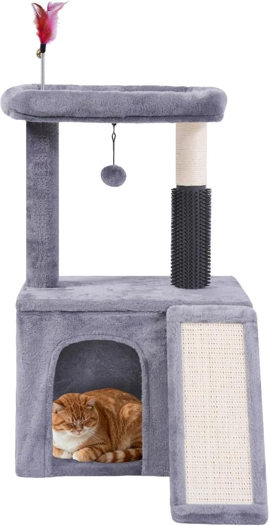 Cat Tree with Self-Grooming Brush and Interactive Toys, Cat Tree Tower for Indoor Cats, Cat Tower with Sisal Scratching Post and Scratching Pads, Cat Condo with Padded Perch, Grey (27.5"Grey)