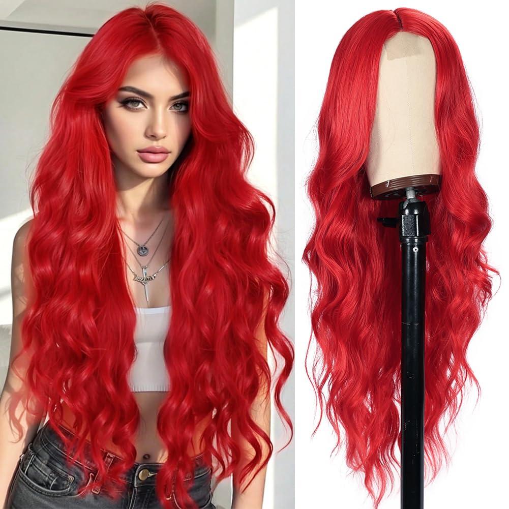 Colorful Queen Red Wigs for Women 26 Inch Long Red Wig Curly Wavy Wig Natural Looking Synthetic Lace Wig for Daily Party Use Halloween Cosplay