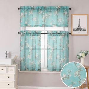 Aqua Floral Semi Sheer Kitchen Curtain Tiers and Valance Set 3 Piece | Floral Design, Linen Textured, Light Filtering, Privacy, 1 Valance 2 Tiers, Kitchen Bathroom Bedroom, 26"W x 36"L