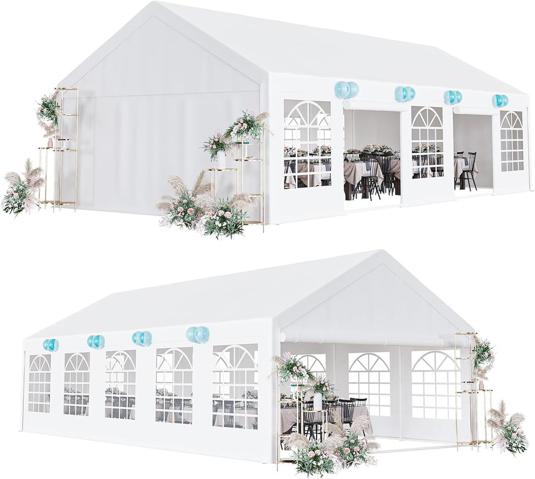 Garvee 16x32 ft Heavy Duty Party Tent, Heavy Duty Outdoor Wedding Event Tent with Removable Sidewalls & Double Doors, Large Canopy Tent with Large White Roof and 3 Storage Bags for Parties, Weddings