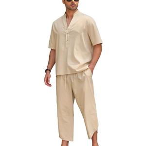 Men Linen Sets Outfits 2 Piece Short Sleeve V Neck Shirt and Harem Capri Pants Walking Suits For Men Beachwear (Beige)