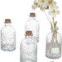 PH PandaHall 4pcs 200ml Glass Bottles with Cork Lids, Vintage Embossed Decorative Bottles for Home Decor, Kitchen, Spices Jar, Aromatherapy, Vase, Perfume Bottle (1 bottle and 1 cap missing)