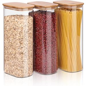Glass Storage Jars Set of 3, Clear Glass Food Storage Containers with Airtight Bamboo Lid Stackable Kitchen Canisters for Candy, Cookie, Rice, Sugar, Flour, Pasta(Flat)