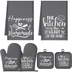 Sratte 6 Pcs Kitchen Decor Accessories Set Farmhouse Towels Pot Holders Oven Mitts Set 2 Dish Towels 2 Potholders 2 Cooking Mittens Oven Glove for Christmas Baking Cooking Supply(Dark Gray,Kitchen)