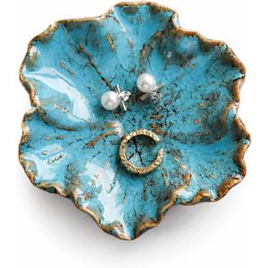 3 x Gifts For Women Flower Shape Decorative Ring Tray, Small Key Bowl, Ceramic Trinket Tray,Bathroom Room Decor Trinket Dish Valentine's Friendship Christmas Birthday Gifts for Women (Petals Blue)