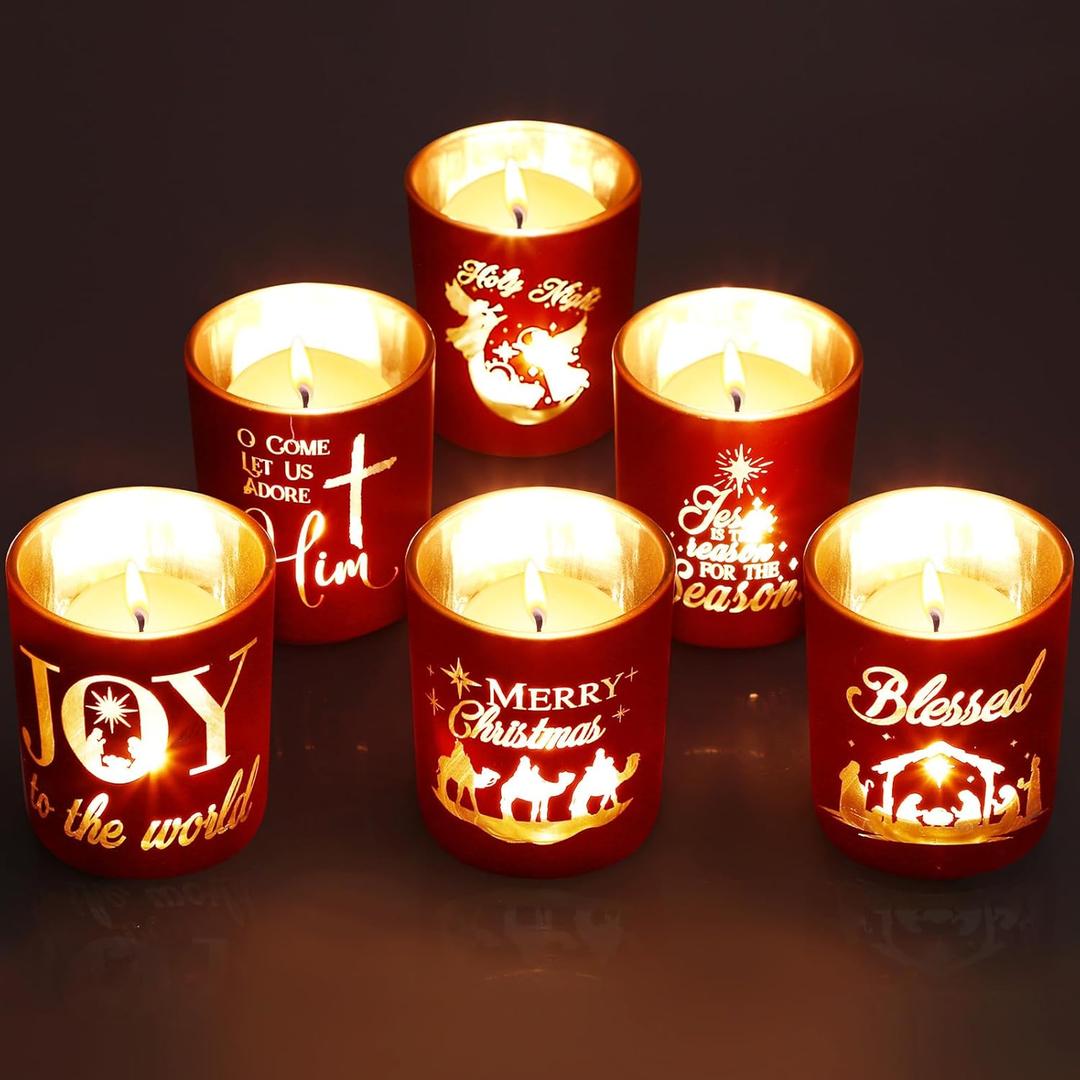 Mumufy Set of 6 Christmas Nativity Votive Candle Holders with 10 Candles Advent Tealight Holders Red Christmas Glass Centerpiece for Xmas Table Decoration Home Party Wedding