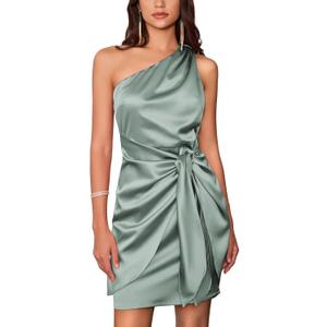 GRACE KARIN 2025 Women Satin Dress Cocktail One Shoulder Sleeveless Tie Waist Party Mini Dresses (16, Green)