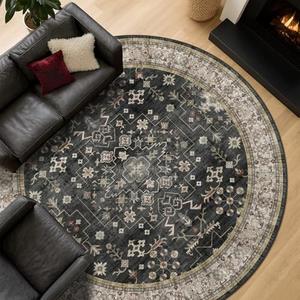 Black Boho Washable Round Rug 8ft - Large Area Rug for Living Room, Bedroom, Dining Room, Low Pile Non Slip, Dark Farmhouse Carpet, Moody Retro 8x8 Circular Indoor Décor