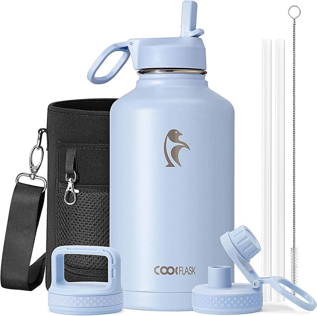 Half Gallon Water Bottle Insulated with Straw & 3 Lids, Coolflask 64 oz Water Jug Large Metal Stainless Steel Wide Mouth for Sports, Gym or Office, Non-BPA Keep Cold 48H Hot 24H, Light Blue