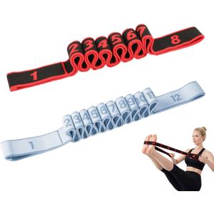 2 x Resistance Bands for Stretching, 8 & 12 Loop Stretch Strap Set, Numbered Yoga & Physical Therapy Bands for Flexibility, Pilates & Full Body Workout (35" & 51")