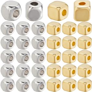 1 Box 500Pcs 4mm Metal Cube Bead Silver Square Beads Bulk Tibetan Alloy Antique Golden Smooth Charm Mini Loose Spacer Beads with Hole for Bracelet DIY Jewelry Making Necklace Craft Accessory