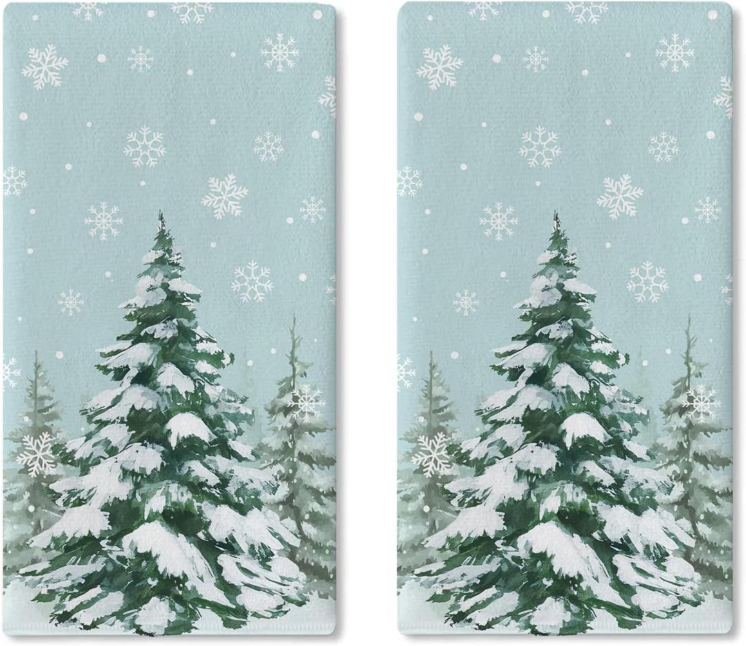 Winter Pine Tree Blue Kitchen Dish Towel, Snowy Snowflake Farmhouse Drying Hand Towel Baking Cooking Cloth, Christmas Seasonal Home Decoration 18 x 26 Inches