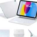 HOU Keyboard Case for iPad A16 11/10, Magnetic Magic-Stand, Floating Design, Durable Spindles, Multi-Touch Trackpad, 7 Colors Backlit, Stain Resistant PU, Bluetooth (White)