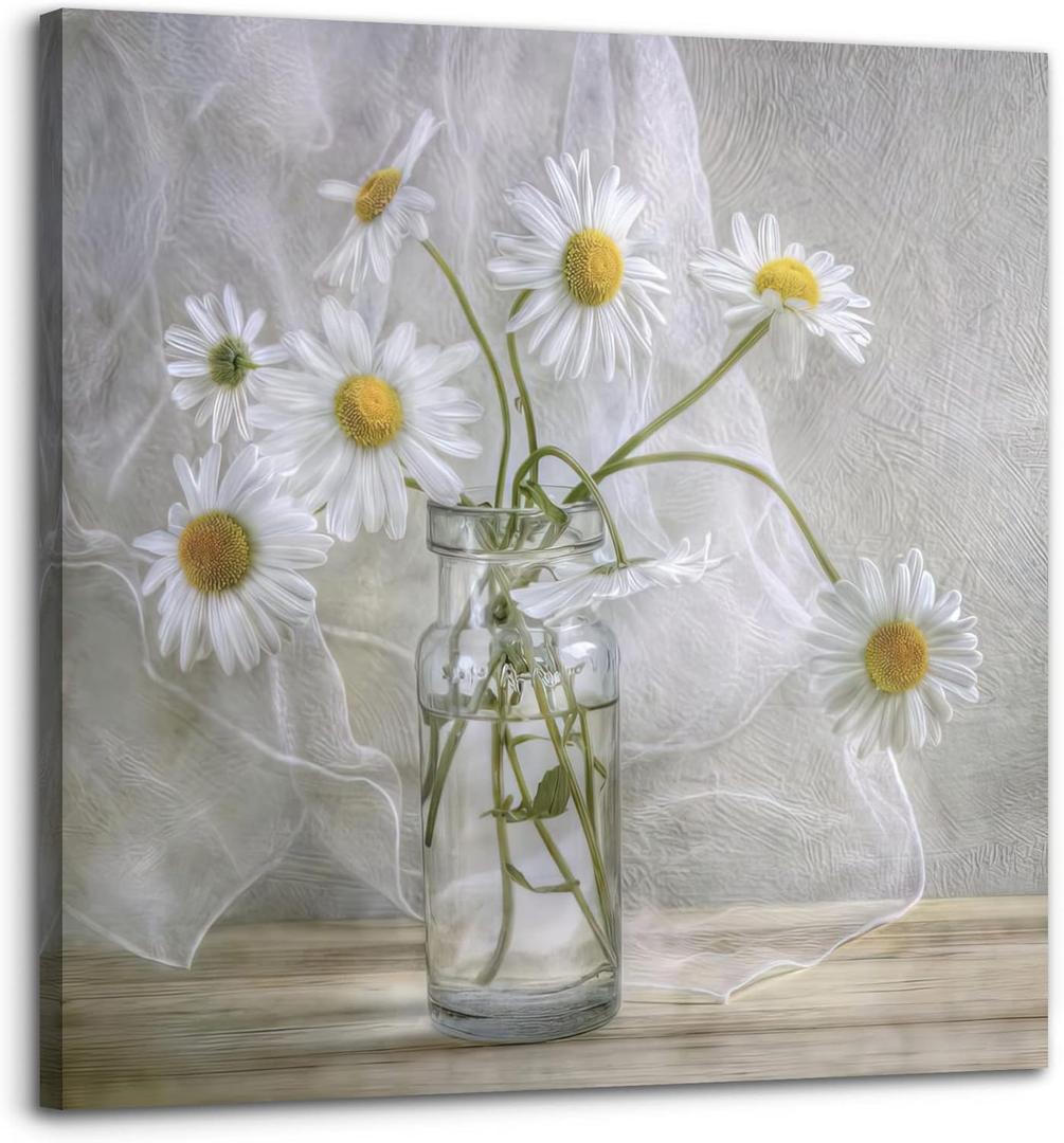Bathroom Wall Decor Canvas White Flower Modern Wall Art for Living Room Large Size Painting Picture Artwork Wood Framed Wall Art Easy to Hang Size 20 x 20 in