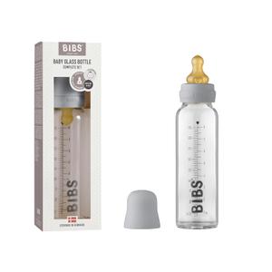 BIBS Baby Glass Bottle. Anti-Colic. Round Natural Rubber Latex Nipple. Supports Natural Breastfeeding, Complete Set - 225 ml, Cloud