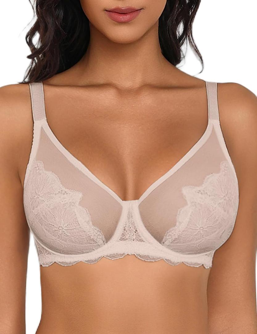 Avidlove Womens Bras Lace Unlined Minimizer Bra Underwire Centering Bra with Enhanced Cleavage & Side Support, Sand Beige, 40D