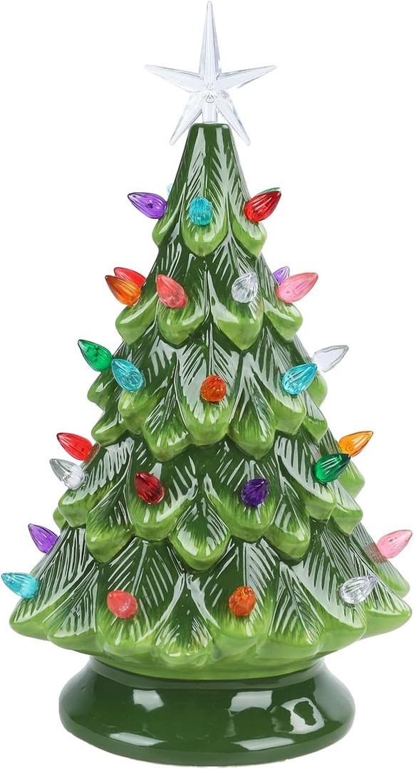Ceramic Christmas Tree 12 Inch Tabletop Christmas Tree Vintage Christmas Decoration Battery Operated Mini Green Xmas Trees with Multicolored Lights