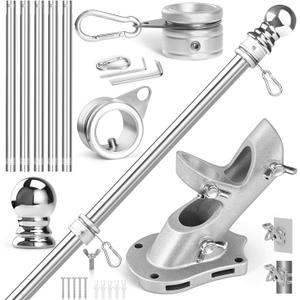 Anovo Flag Pole Kit- Stainless Steel 6 FT Flag Poles with1 Inch Metal 360 Rotating Flag Pole Rings Clip, Two-Position Flag Pole Holder Brackets Mounting for Outside House Outdoor Porch (6 FT-Sliver)