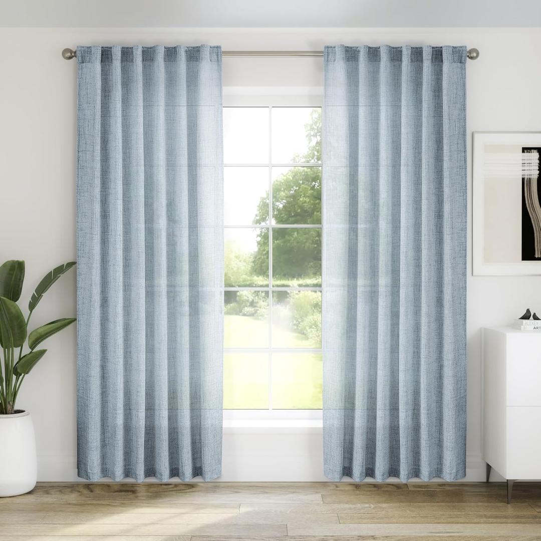 Light Blue Linen Curtains 92 Inch Length 2 Panel Set for Living Room - Semi Sheer Farmhouse Drapes With Back Tab Rod Pocket, Light Filtering for Bedroom, Stone Blue