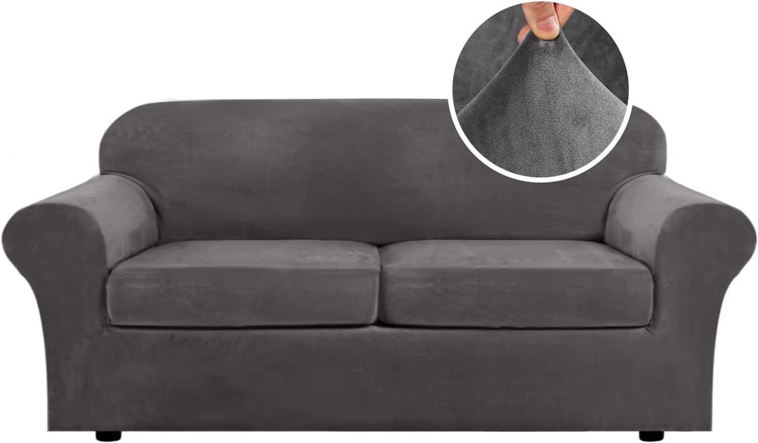 H.VERSAILTEX Real Velvet Plush 3 Piece Stretch Sofa Covers Couch Covers for 2 Cushion Couch Sofa Slipcovers Width Up to 90 Inch Feature Thick Soft Stay in Place (Large Sofa, Grey)
