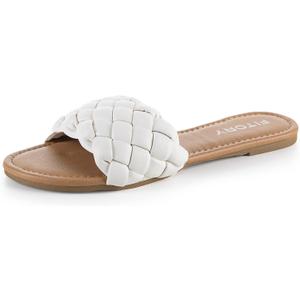 Womens Flat Sandals Fashion Round Open Toe Slip On Slides with Braided Strap Slippers for Summer Size 6 White