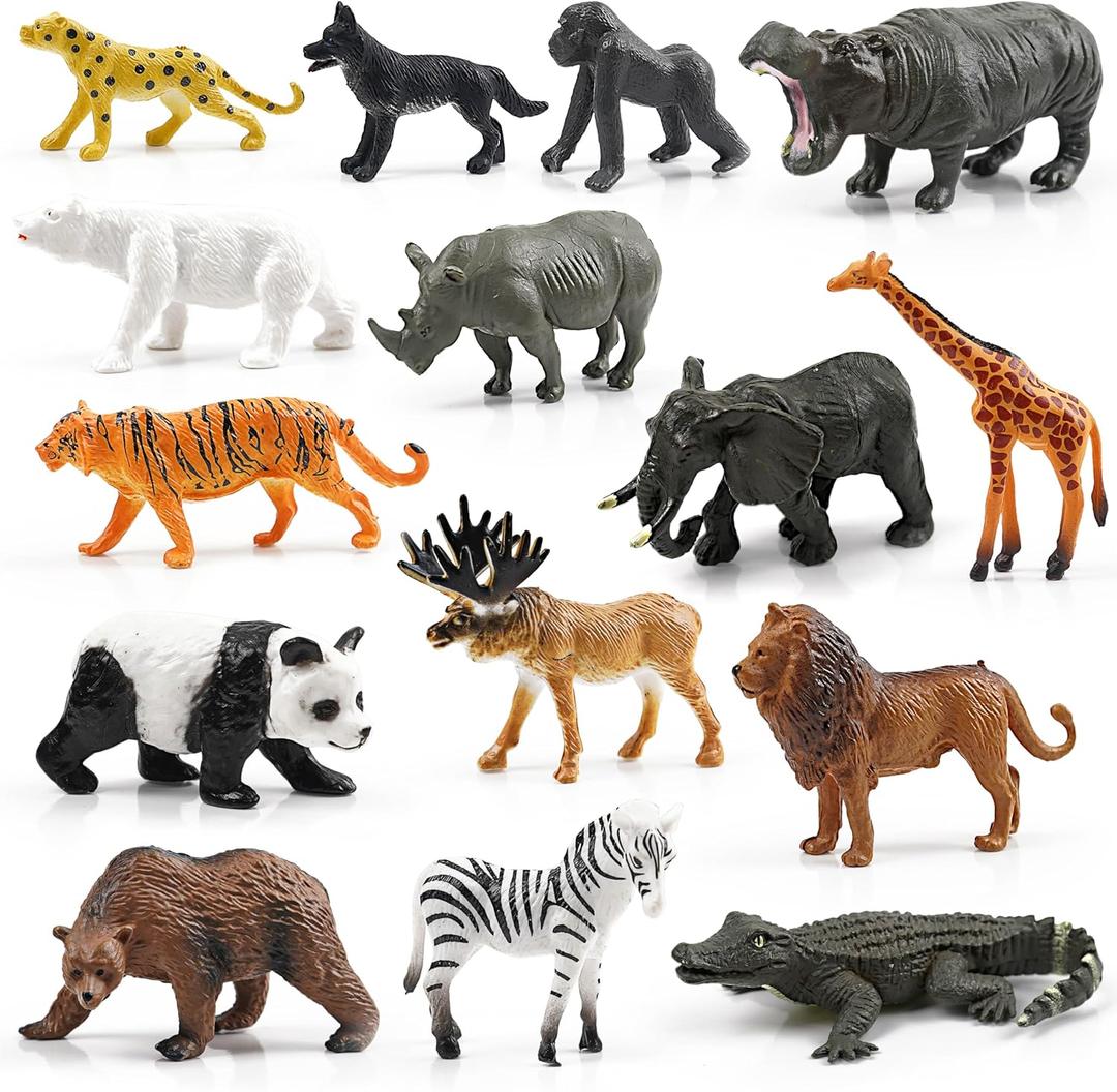 15 Wild Animal Figurines for Kids, Plastic Safari Animal Toys Tiny Portable Jungle Creature Figures Playset Montessori Toys Educational Game for Homeschool Preschool Toddler Kids