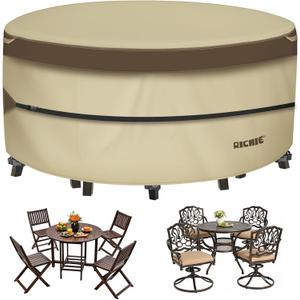 RICHIE Outdoor Patio Furniture Cover - Heavy Duty Waterproof 600D Tough Canvas Protector for Round Table Cover, All-Season Dining Table and Chair Cover (48" DIAx28 H) (Beige & Brown)