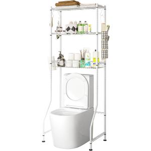 Over The Toilet Storage, 3-Tier Over Toilet Bathroom Organizer with Adjustable Shelves and Basket-Shelf, Space Saver Metal Toilet Shelf with Hooks, Roll-Holder and Hanging Bag (White)