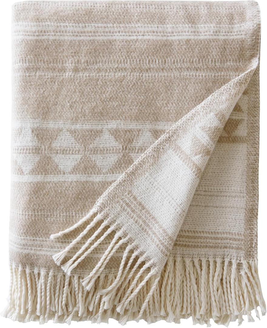 Woolrich Cotton Blend Jacquard Throw with Fringe Edge, Lightweight All-Season Decorative Throw Blanket, Machine Washable, Oeko-TEX Certified, Ivory Stripe, 50"x60"