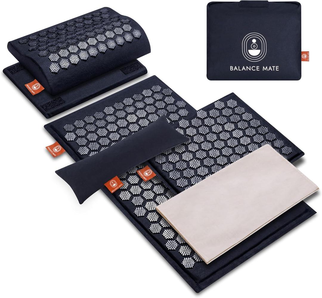 BalanceMate Acupressure Mat Set with 6,210 Pressure Points for Pain Relief and Relaxation Kit for Back, Neck, and Sleep Yoga and Meditation Pillow (Deep Black)