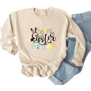 Ykomow Happy Easter Sweatshirt Women Long Sleeve Cute Bunny Rabbit Graphic Tees Pullover (Medium, Cream-3)