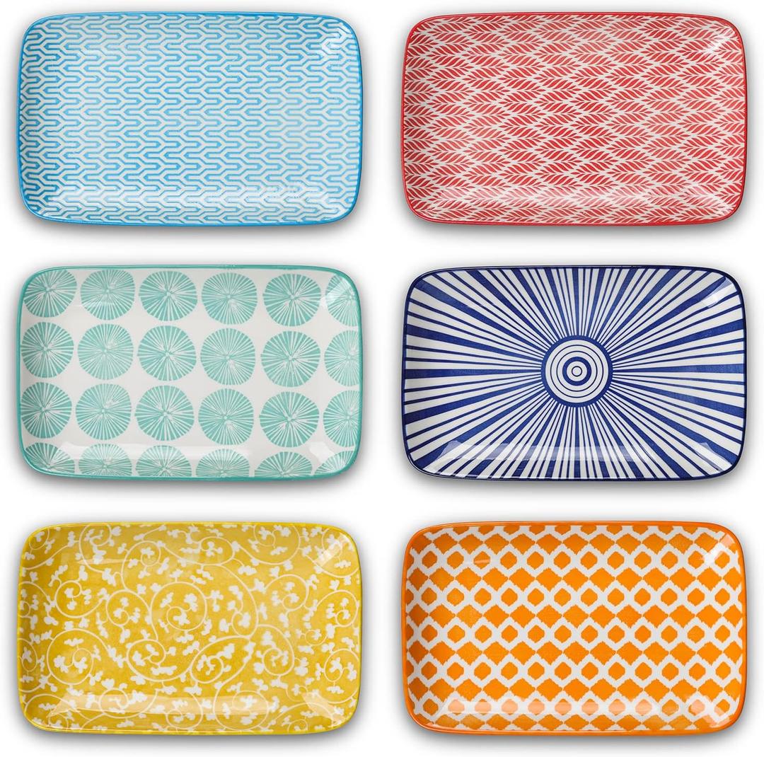 Selamica Ceramic 8-inch Rectangular Salad Plates, Dinner Plates, Pasta Dessert Plates for Appetizer, Sushi, Fruit - Microwave/oven/Dishwasher Safe, Set of 6, Assorted Colors