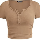 Womens Summer 2025 Ribbed Knit Button Short Sleeve Top (Khaki,Large)